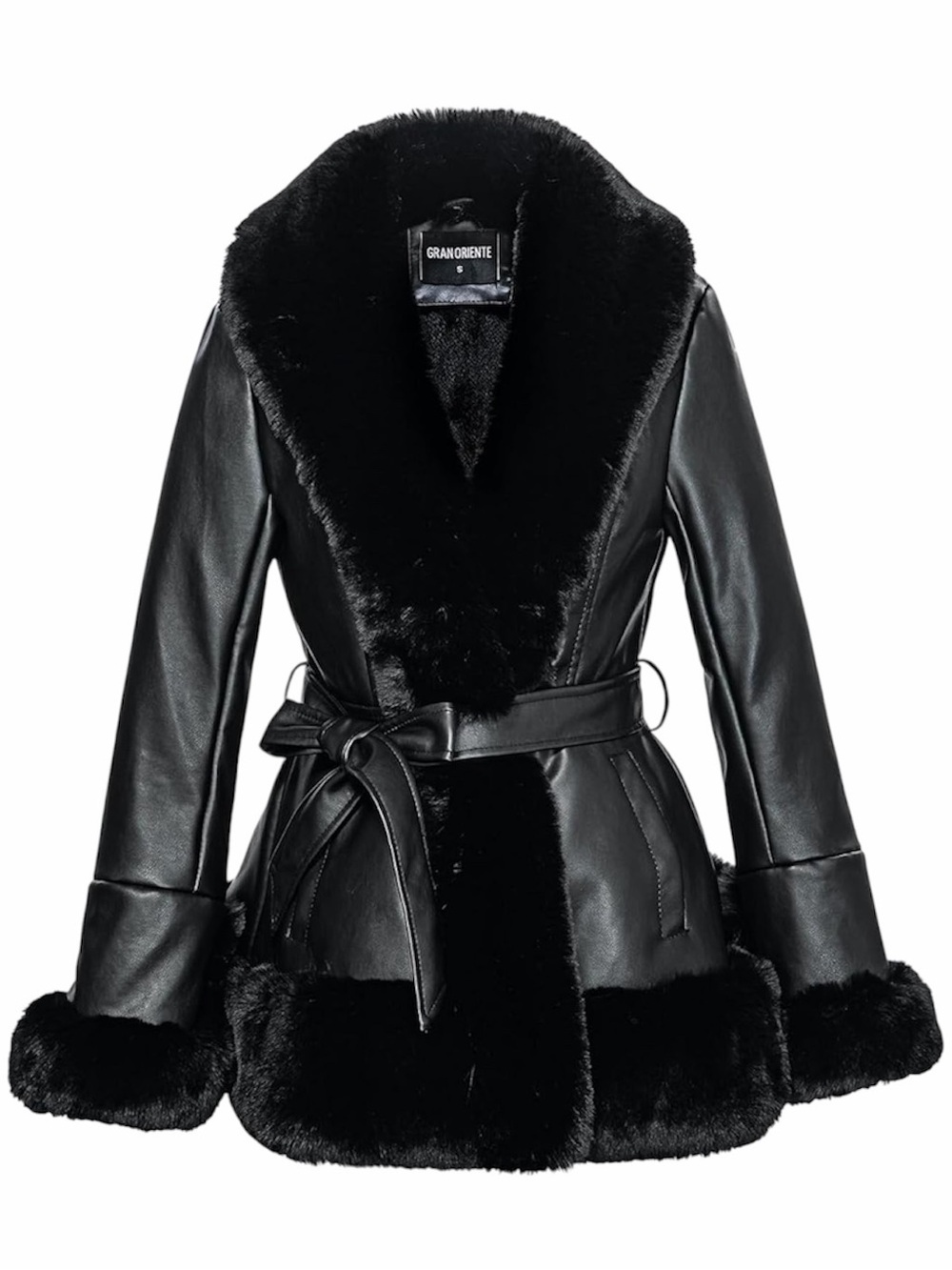 GRAN ORIENTE Faux Leather Peplum Jacket with Faux Fur Trim - M